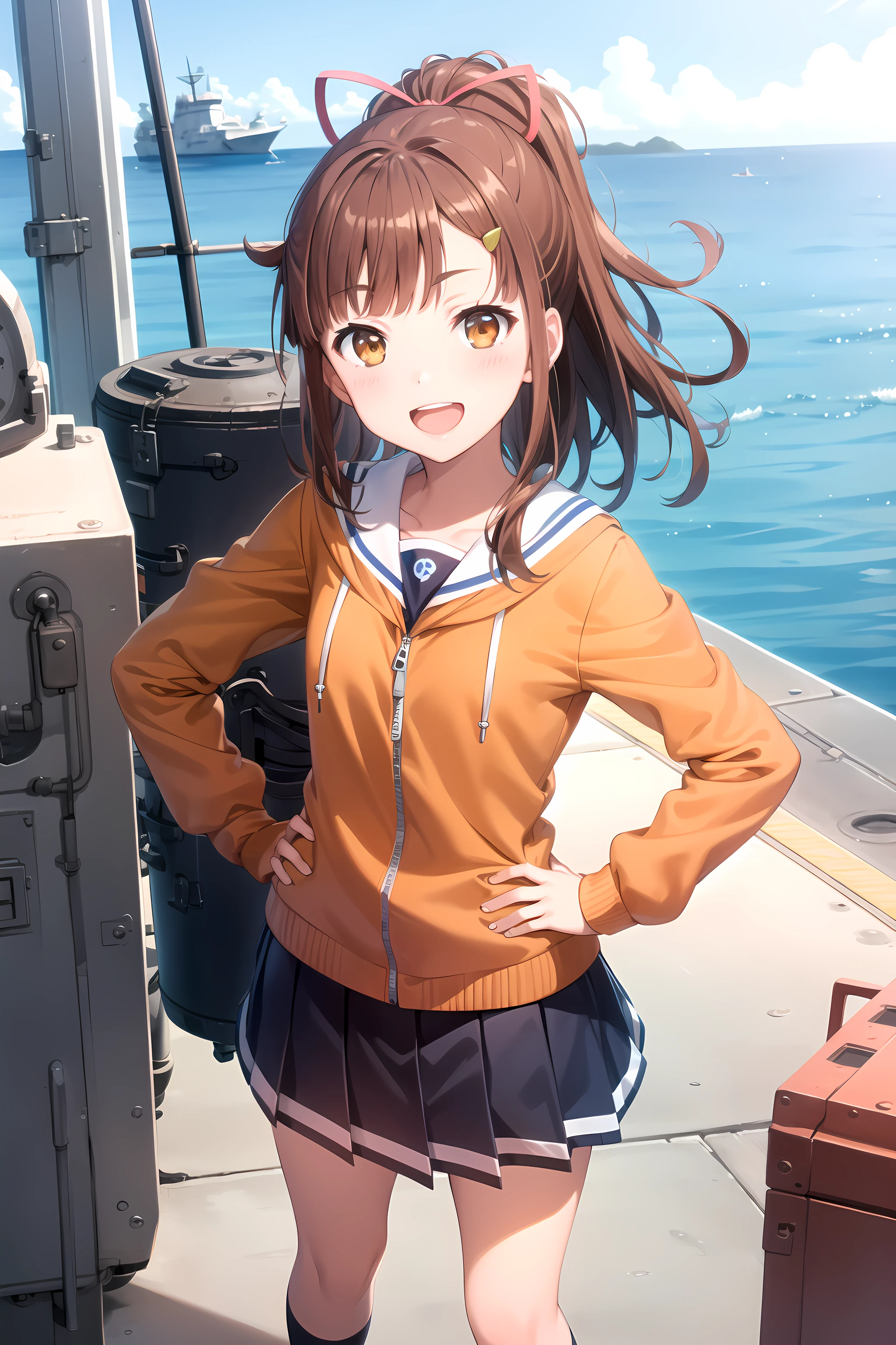 best quality, masterpiece, detailed,
<lora:HighSchoolFleet_IrizakiMei_1:0.8>, IrizakiMei,
1girl, open mouth, smile,
brown hair, brown eyes, ponytail, hairclip, hair ribbon,
school uniform, orange hoodie, blue skirt, sailor collar, zipper,
standing, looking at viewer,  (facing viewer:1.2), hands on own hips,
ocean, (ship, military vehicle:1.2)