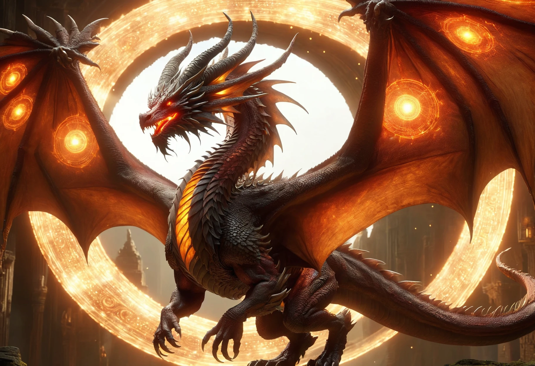 awesome quality, dynamic,DonMDr4g0nXL dragon from behind,wings attached to back, rustred magical circle sound, traverse altered light-year <lora:myLora\DonMDr4g0nXL-v2rb:1>,