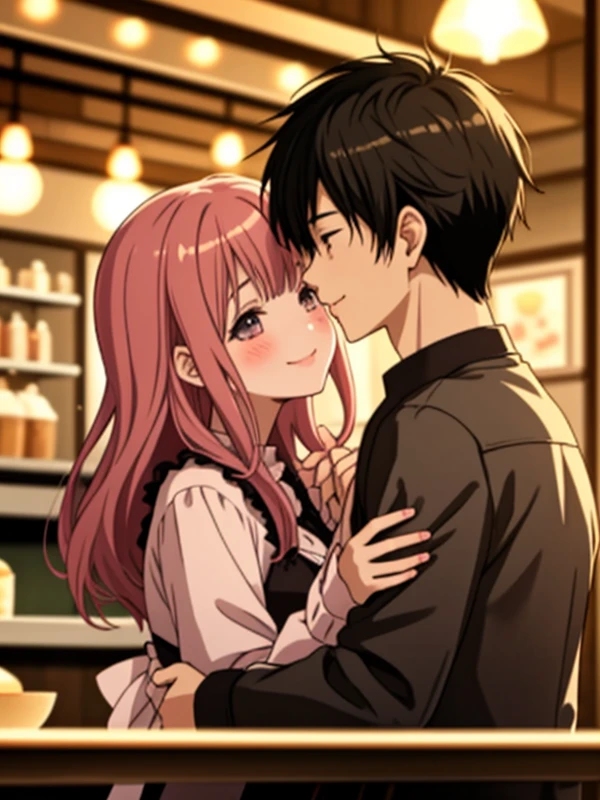1girl and 1boy kissing
smile
cafe