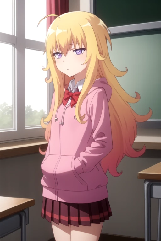 ((masterpiece)),(best quality),official art,extremely detailed CG,unity 8k wallpaper,ultra detailed,beautiful detailed eyes,extremely detailed face,classroom,1girl,solo,cowboy shot,looking at viewer,facing viewer,sleepy,half-closed eyes,deadpan,ahoge,very_long_hair,blonde_hair,messy_hair,sidelocks,hair_between_eyes,purple_eyes,pink_hoodie,red_bowtie,collared_shirt,white_shirt,small_breasts,red_skirt,pleated_skirt,plaid_skirt,black_socks,uwabaki,<lora:Gabriel Tenma White(gd)>,