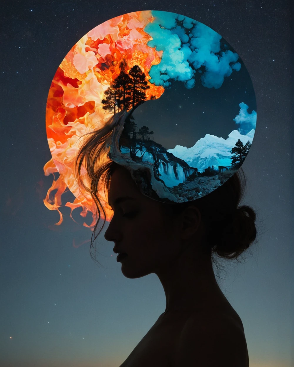 jellyfish in your mind,double exposure effect of female body portrait silhouette,superimposed against night sky by Conrad Roset,Brandon Kidwell,Andreas Lie,Dan Mountford,Agnes Cecile,Jeremy Mann,oil and ink canvas,fine art,super dramatic light,photoillustration,amazing depth,redundant dreams,evolution of creativity,intricate detailed,stunning atmosphere,mesmerizing whimsical vibrant scenery,(Beautiful Outside, Ugly Inside, Stress and Pain, Beauty and Despair, Hard and Soft, Positive and Negative, Hot and Cold, Sweet and Sour, Vibrant and Dull, Perfect Harmony, Light and Dark, Hot and Cold, Old and Young, Fire and Ice, Yin and Yang, Opposites, Black and white, Hot and Cold, Organic and Mechanical, Corresponding colors, Loud and Quiet, Chaos and Peace, Night and Day:1.1) complex masterwork by head of prompt engineering , <lora:hyperkraximalism:0.25> hyperkraximalism