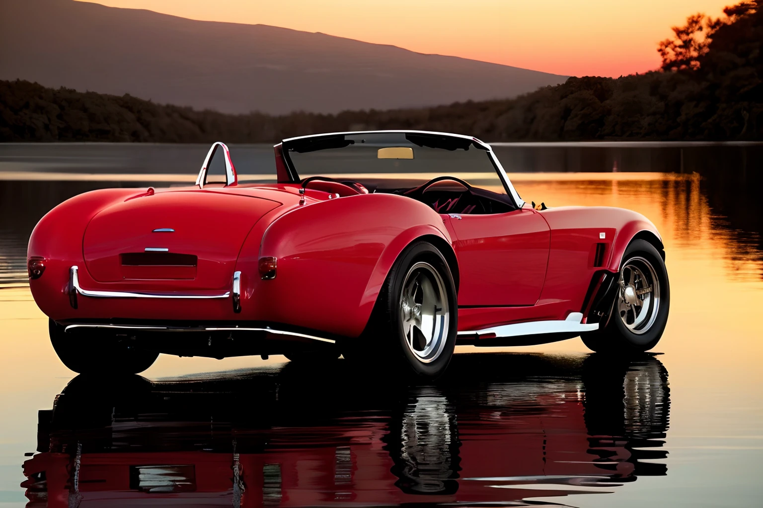 photo of an sc427, candy apple red  convertible sports car,  parked in front of a tranquil lake at sunset ,   a man sitting in the driver's seat <lora:1965_Shelby_Cobra_427_by_IMAK:.7>