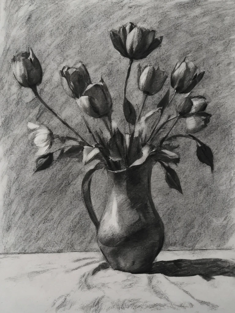 still life, flowers<lora:A_Graphite_Style:1.2> graphite_charcoal, (bold strokes:1.2), (paper grain:1.2), dark background, traditional media, (rough sketch:1.2),
