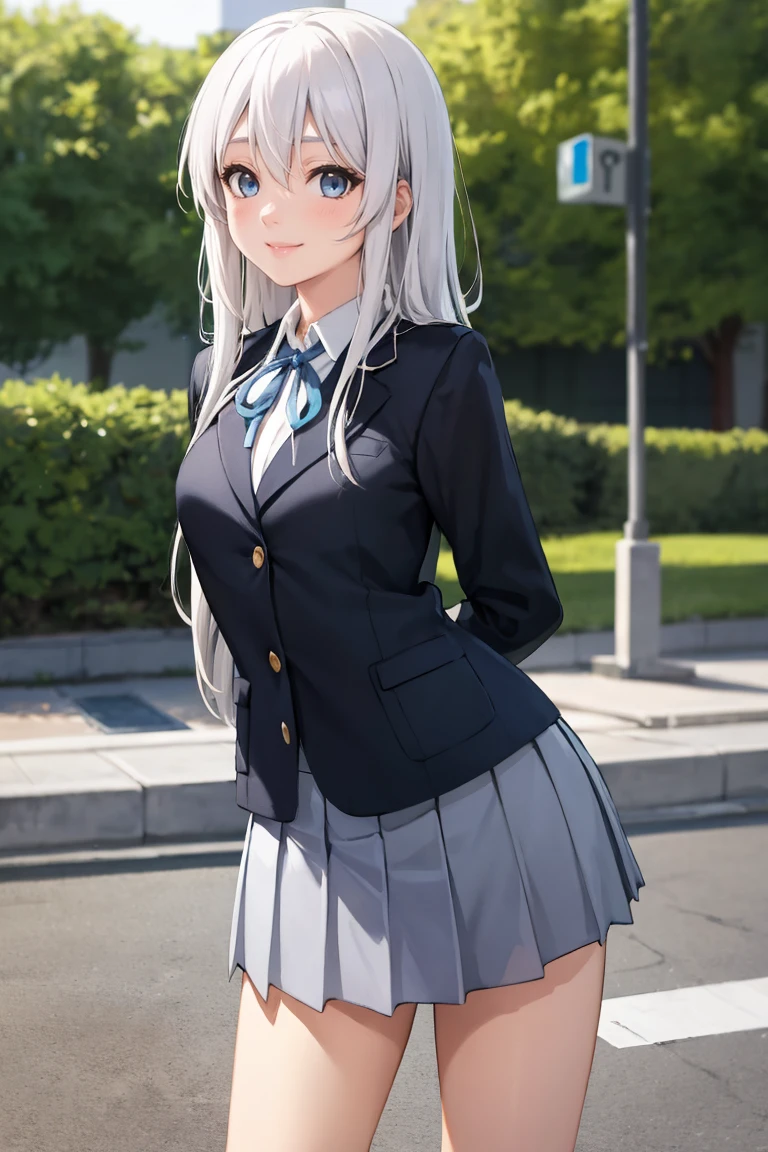 masterpiece, best quality, absurdres, 1girl, solo, white hair, blue eyes, long hair, SakuragaokaWinter, sakuragaoka high school uniform, blazer, long sleeves, neck ribbon, grey skirt, arms behind back, smile, <lora:SakuragaokaHighSchoolUniform:1.0>
