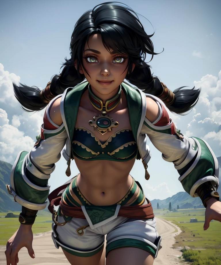 talim, black hair, twintails, brown eyes, white hat, midriff, green top, white shorts, thigh cutout, cropped jacket, jewelry, sandals, bangles, medium breasts, (looking directly at viewer:1.1), (happy face:1.1), (mouth open:1.2), head tilt, sitting with knees up, (close-up:1.3), outdoors, tropical, wilderness, digital art, cinematic lighting, best quality, absurd res, sharp focus, <lora:more_details:0.7>, <lora:talimSC6:1>