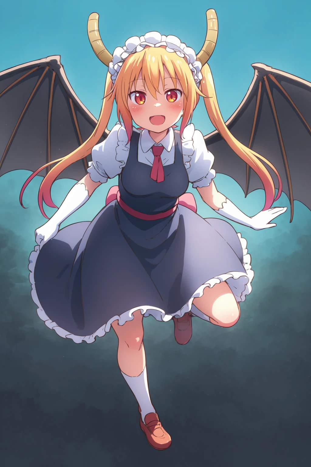 <lora:TooruV1:0.7>
Tooru, 1girl, :d, blonde_hair, blue_sky, dragon_horns, full_body, gloves, gradient, gradient_background, horns, long_hair, looking_at_viewer, maid_headdress, open_mouth, sky, smile, solo, tail, tohru_\(maidragon\), twintails, white_gloves, wings