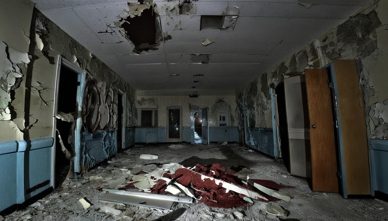 Dejarnette,haunted,asylum,hospital,ruined,peeling paint,debris,ghost person,(spirit:1.3),(night:1.5),(dark:2),moonlit,photo realistic,highest quality,masterpiece,hdr,<lora:DeJarnette:0.8>,<lora:ghosts person 1a:0.8>,