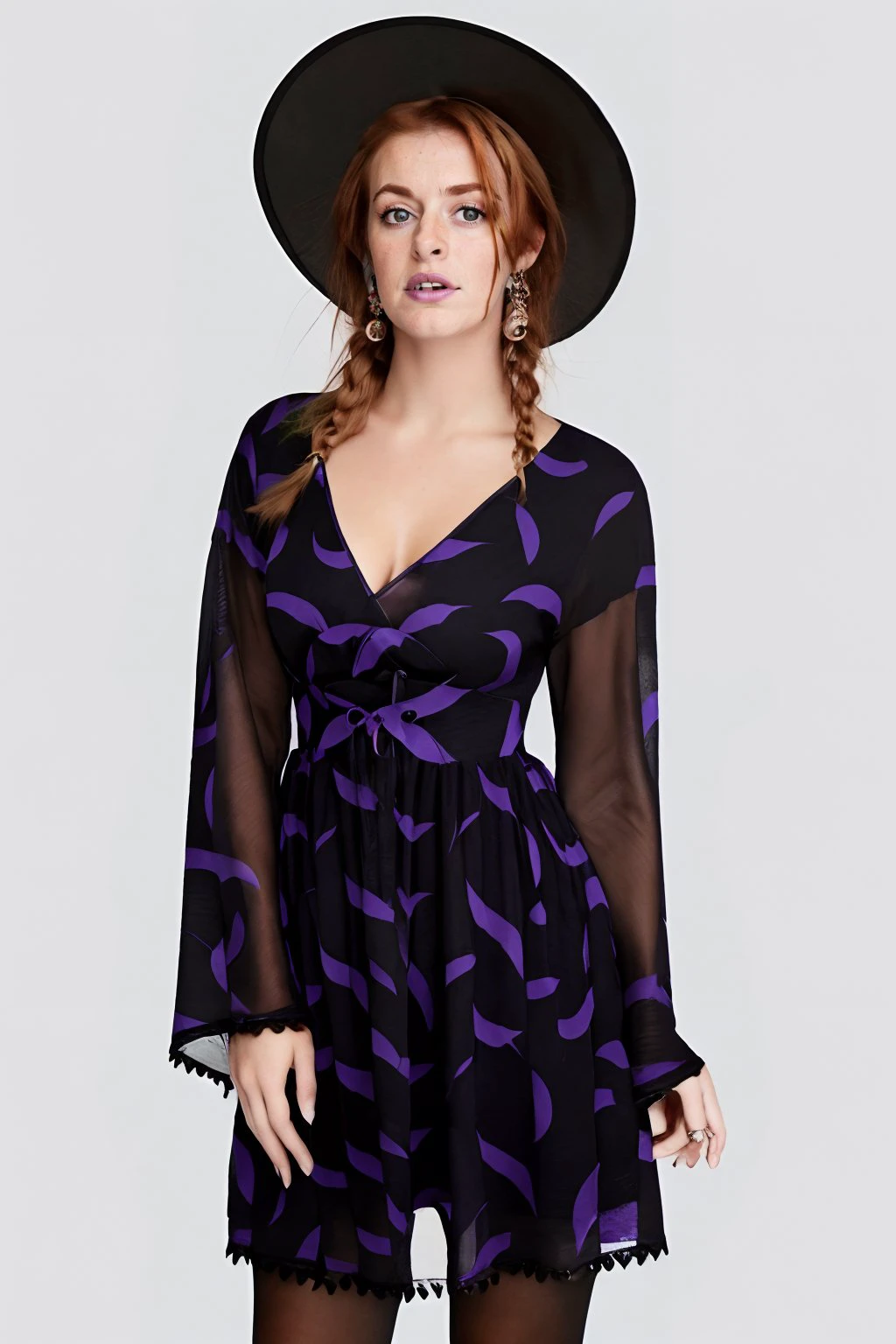 high quality photo of <lora:Smac:1> smac, ginger hair
<lora:purpl3b4ts:0.8> purpl3b4ts,long sleeves,hat,black and purple dress, pantyhose,