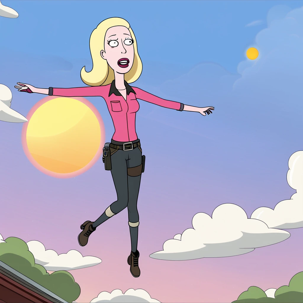 cartoon beth flying in the sky, clouds, sunspot,
