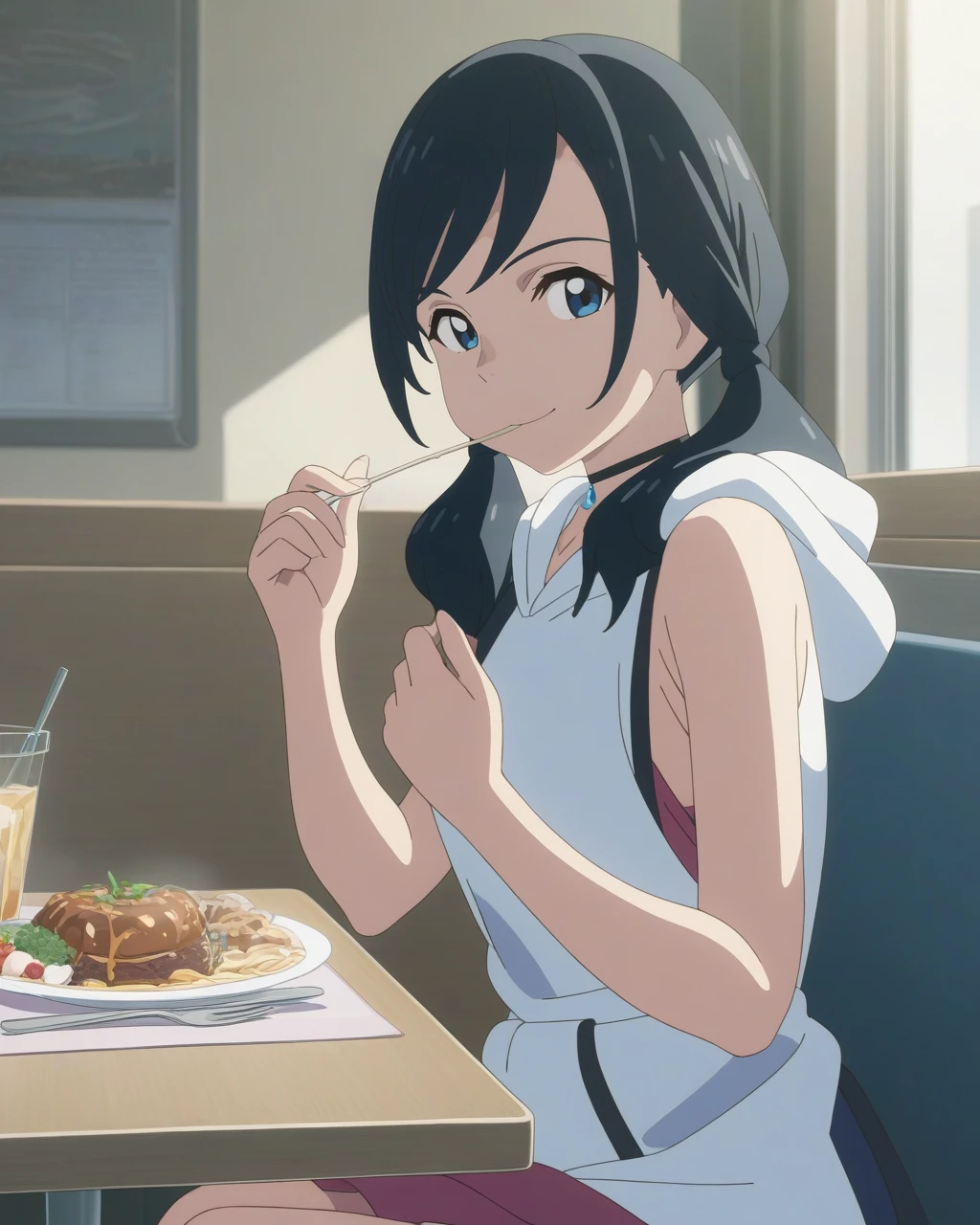 best quality,masterpiece,highres,absurdres,1girl,solo,newest,rating: questionable,  <lora:Amano_Hina_XL-step00001400:0.8> ,(hina_xl, twintails, blue eyes, low twintails, hood, black choker, sleeveless, anime coloring),cafeteria,sitting,table,smile,^_^,food in mouth, eating,looking at viewer,