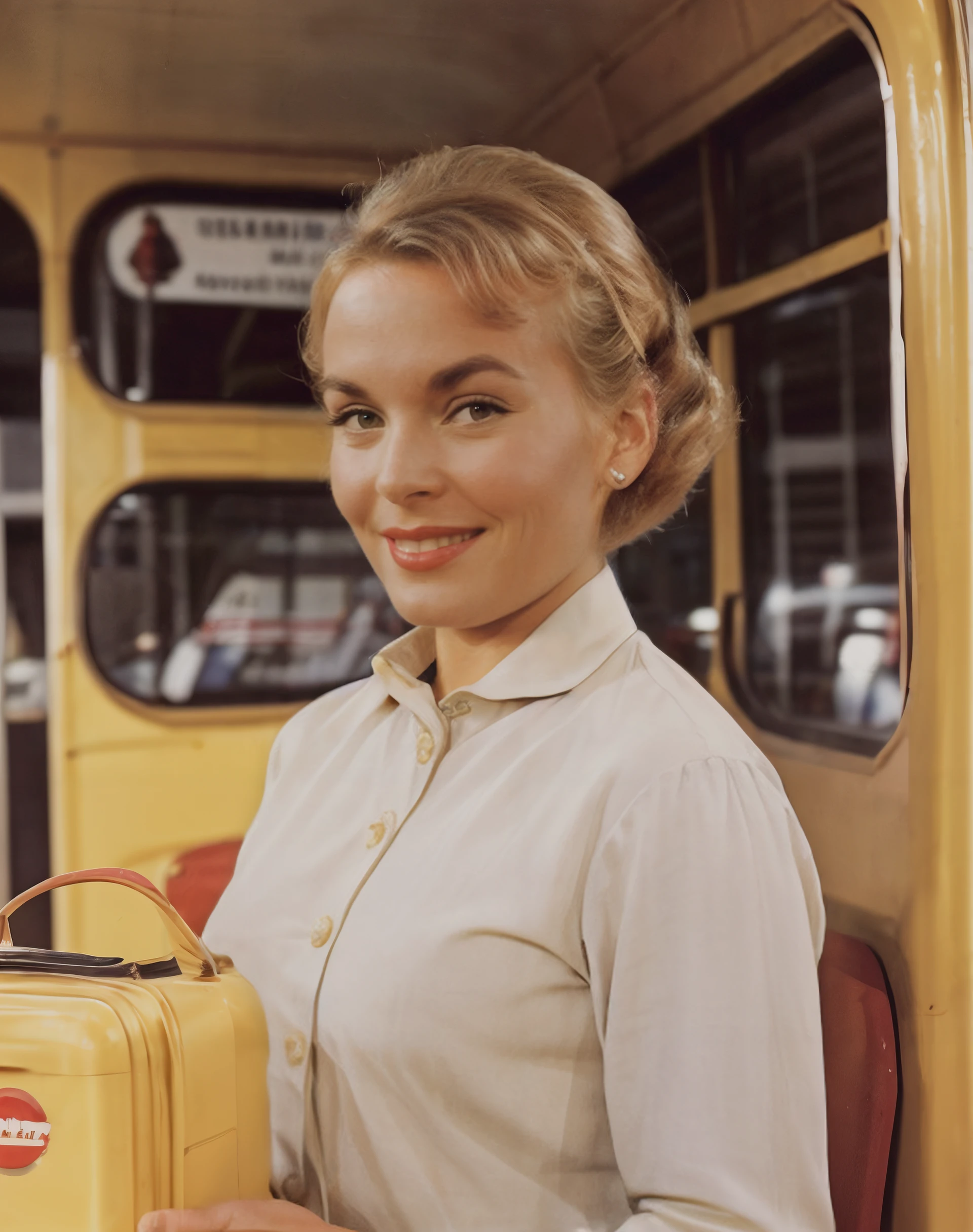 <lora:PipPellens:1> 1960, Photo of PipPellens, a woman, as a ticket girl on the train , sweet smile, flirting with the viewer, properly dressed, tack sharp, 4k, DSLR