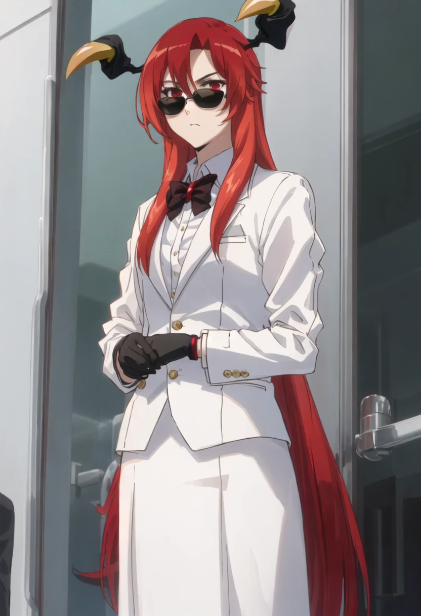 best quality, masterpiece, highres, solo, {lisara_restall_soicantplayh:0.90}, {black business suit:1.40}, {tie:1.20}, {sunglasses:1.25}, {white gloves:1.15}, {white shirt:1.10}, {black skirt:1.15}, {smoking:1.20}, handsome