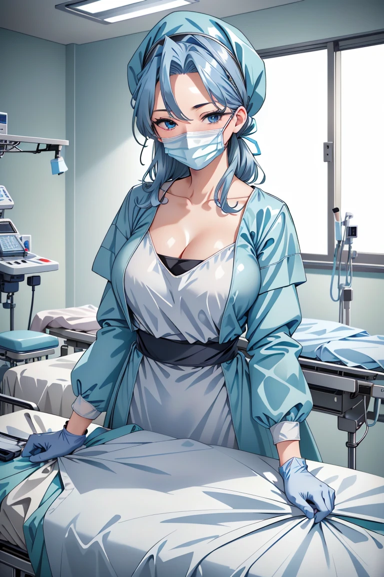 ((masterpiece, best quality,lower_body)), operating table,medical monitors,hospital bed,  <lora:Ryouko Makimura:0.7> (ryouko makimura, 1girl, solo, blue hair, blue eyes, long hair, collarbone, cleavage,mature_female), <lora:surgical_v3:0.9> (surgical_uniform_3.0, surgical mask, gloves,surgical cap,long sleeves),