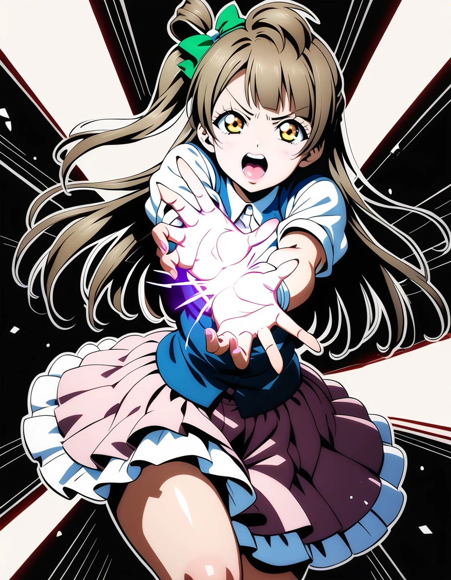 1girl,
minami kotori, love live!
casual wear,skirt,
<lora:kamehamehaXL2:1>,kamehameha,
looking at viewer,serious,v-shaped eyebrows,scream,
foreshortening,energy ball, light particles,energy beam, speed lines,(spread legs:0.7),standing,
electricity,
gradient background, vivid color,
masterpiece, best quality, ultra detailed, highres,4k,(ultra-detailed:1.4) (illustration:0.5), (ray tracing,:0.8),(anime colored:0.7),(ai-generated:0.8),