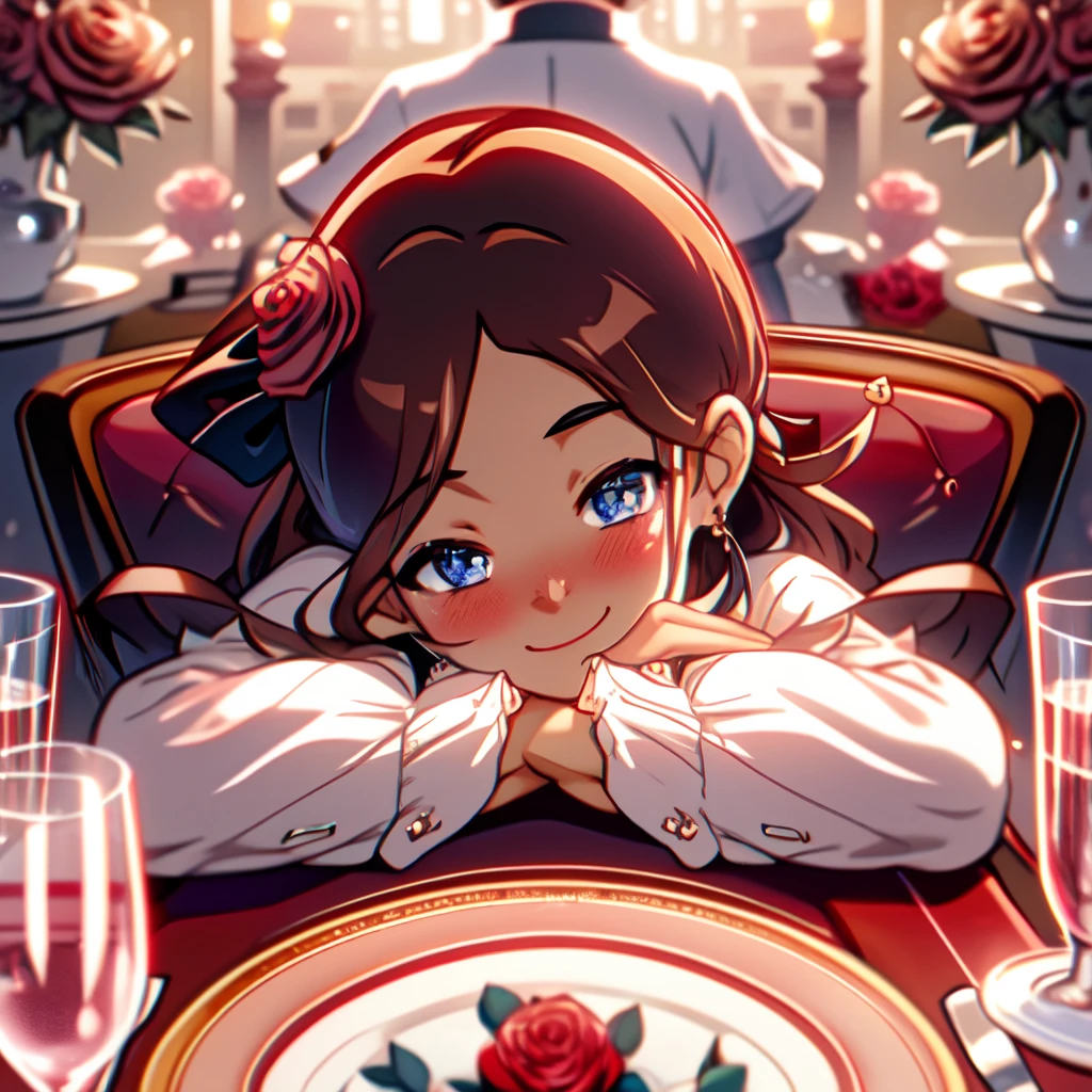 ValentinesDate,1girl,solo,long hair,cute face,(((whole upper body))),(((Whole head in frame))), (((whole face in frame))), uneven hairline, thick hair,flooking at viewer,blush,smile,bangs,brown hair,shirt,ribbon,jewelry,sitting,jacket,white shirt,flower,earrings,food,cup,petals,black ribbon,neck ribbon,depth of field,rose,table,bottle,knife,red flower,plate,champagne,drinking glass,red rose,fork,candle,wine glass, fancy champagne glass,candlestand,champagne flute,champagne,pov across table
,valentine,valentine style,nice hands,
 , <lora:ValentinesDate:1.5>, <lora:KataraV2:0.8> katara