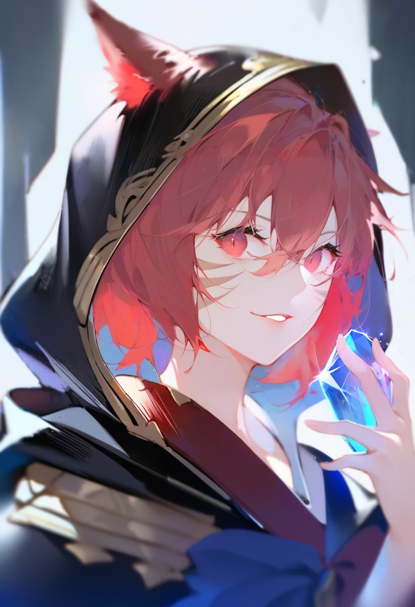 score_9, score_8_up, score_7_up, score_6_up, score_5_up, score_4_up, masterpiece, best quality, <lora:DPOXL:1>  <lora:sola7764XL_AP_V1:1>solo, red hair, hood, red eyes, hair between eyes, crystal, looking at viewer, bangs, hood up, facial mark, short hair, robe, holding, portrait, 1girl, miqo'te, smile, hand up, glowing, upper body, male focus, parted lips