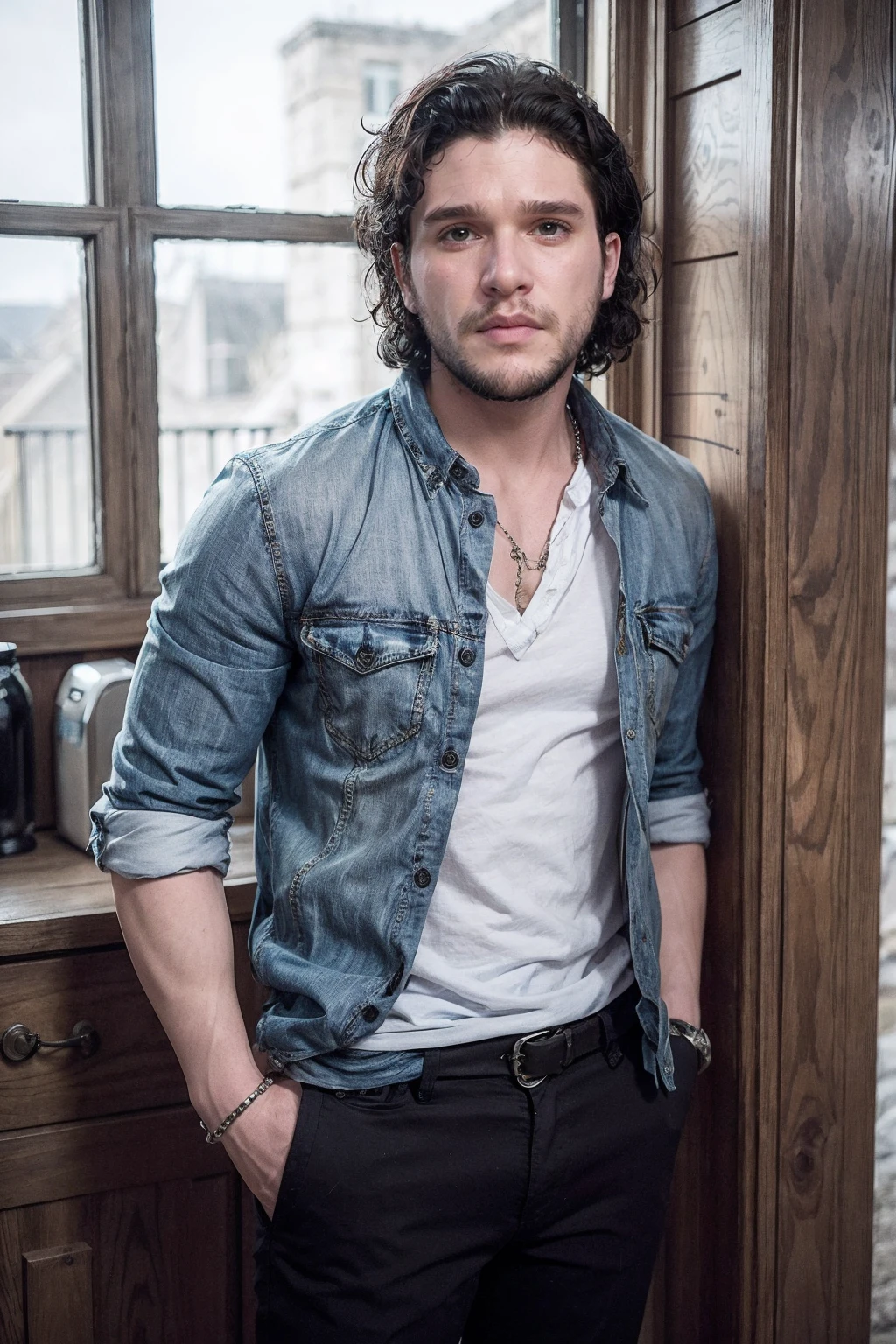 kitharington, a man, wearing clothes in sunroom <lora:kitharington:0.85>