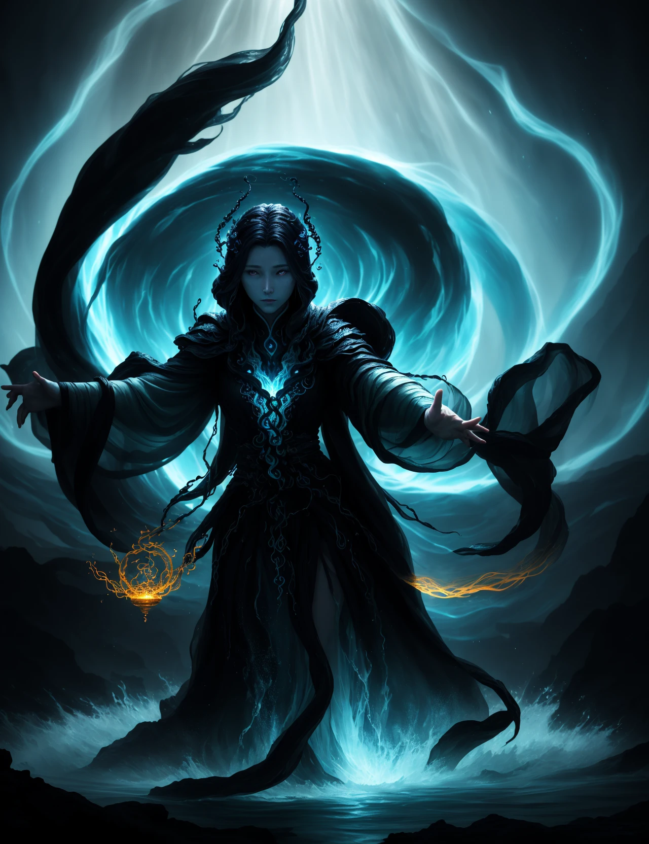 awesome quality,masterpiece, dynamic,close up, DonMM4g1c caster, female mystic, healing waters enveloping, inky blacknessabsorb all light and sound, moves like a living thing, tendrils of darkness reaching out, light dims and the air grows cold <lora:myLora\DonMM4g1c-v2.1rb2:0.8>