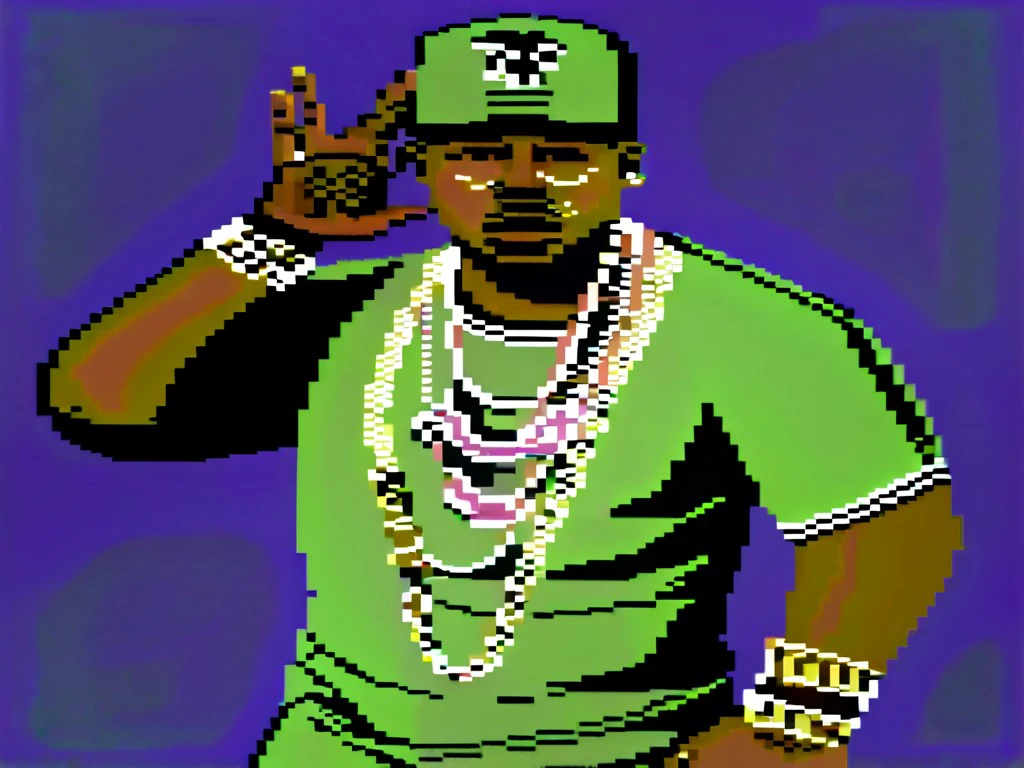 rapper with lots of bling,64gr4ph1cs style, pixel art,8-bit <lora:C64XL-000005:1.0>