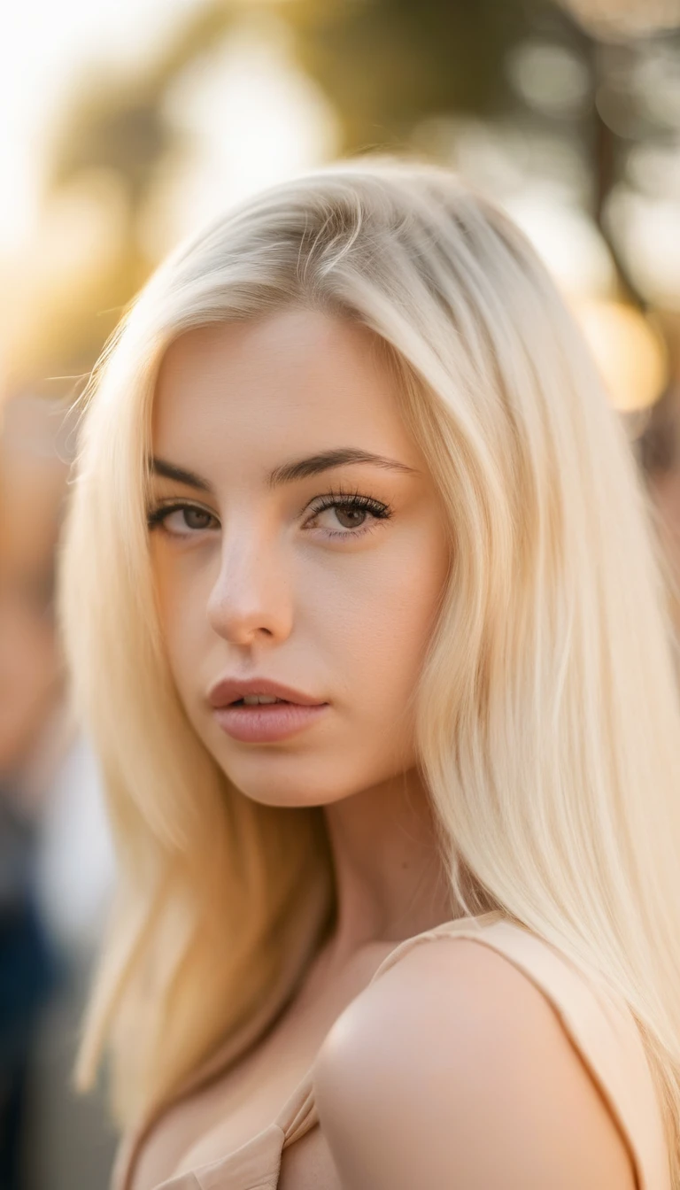 Hasselblad close up photography of a blonde woman in crowded place, (age 22), (sunny weather), (elegant blonde hair), emma_kotos_lora_v1 <lora:emma_kotos_lora_v1:1>, (warm light), sharp. crisp, 4k, (((sharp focus))), bokeh,(((Sigma 85mm f/1.4))), (Macrophotography), (Tilt-shift), (((Emma Kotos)))