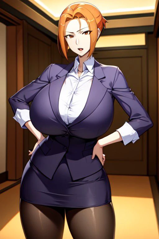 HDR,UHD,8K, best quality, masterpiece, Highly
Tachibana Kyouka, orange_hair, sidelocks, , brown_eyes, (huge breasts:), short hair, mature_female, pale skin,
calm face, open mouth,
business suit, black jacket, white shirt, pencil skirt, tights,
indoors, standing straight, hand on hip,