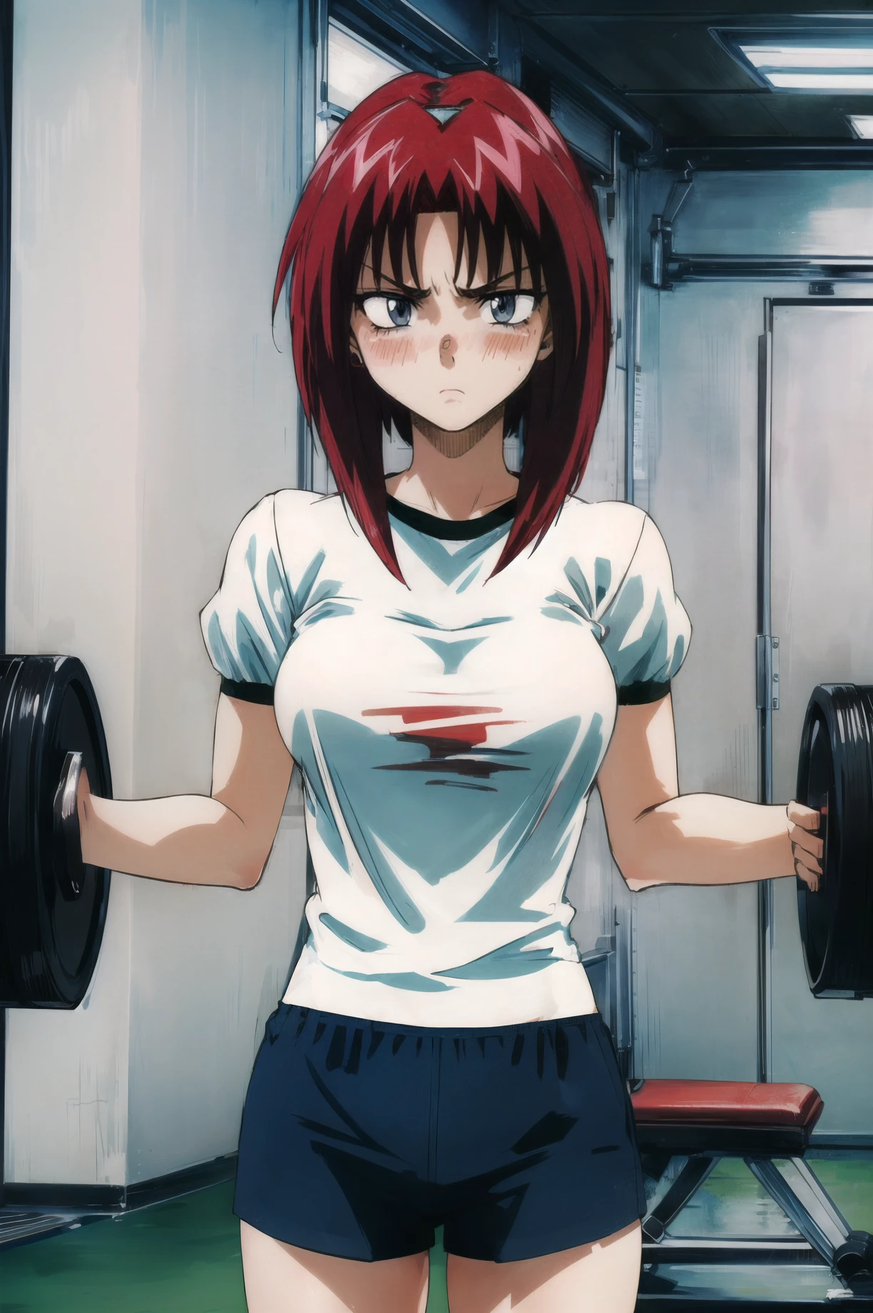 masterpiece, best quality, 1girl, looking at viewer, ultra detailed, <lora:add_detail:0.5>, <lora:maypia_FW:1> , blue eyes, red hair, bangs, short hair, gym shirt, gym shorts, gym, exercise, annoyed, blush,