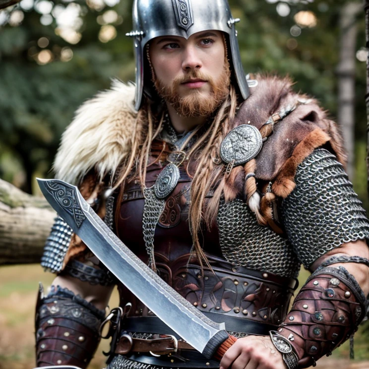 (masterpiece:1.2), (best quality,:1.2), 8k, HDR, ultra detailed, ((photorealistic)), perfect anatomy, professional light, cinematic lighting, fashion photography, ambient lighting,<lora:detail_slider_v4:2.5>, a viking warrior, wearing intricate viking armor, leather armor, chainmail, fur, helmet, VikAr, holding an axe, intricate leather bracers, <lora:VikingArmor:0.66>, epiCPhoto
