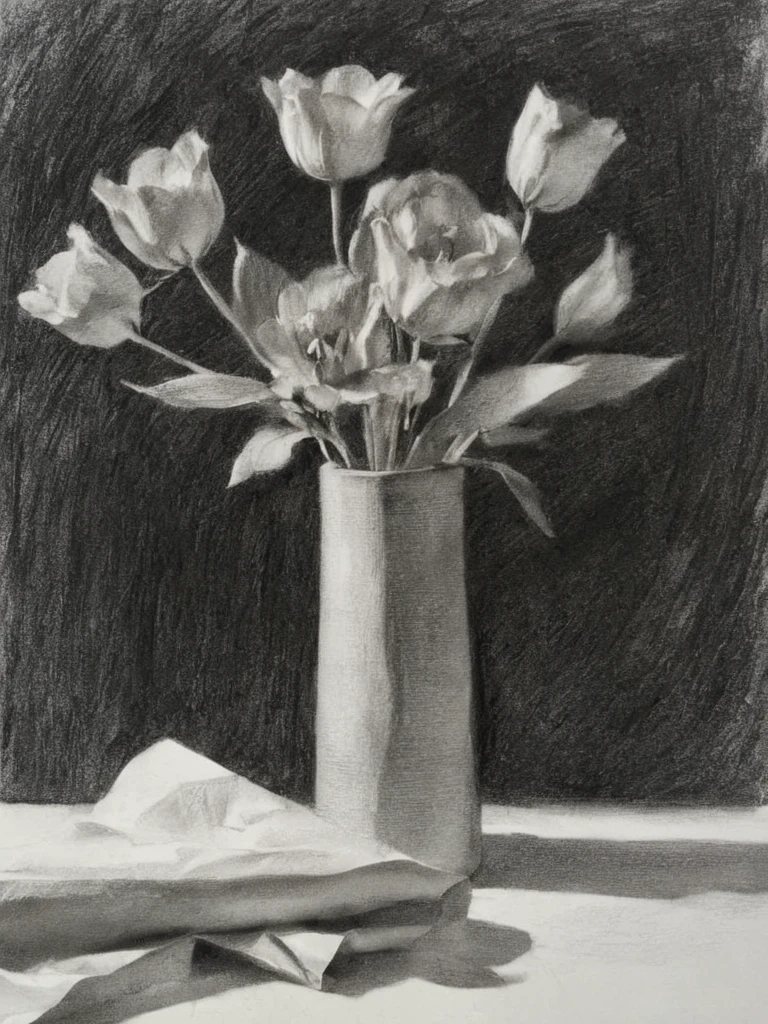 still life, flowers<lora:A_Graphite_Style:1.2> graphite_charcoal, (bold strokes:1.2), (paper grain:1.2), dark background, traditional media, (rough sketch:1.2),