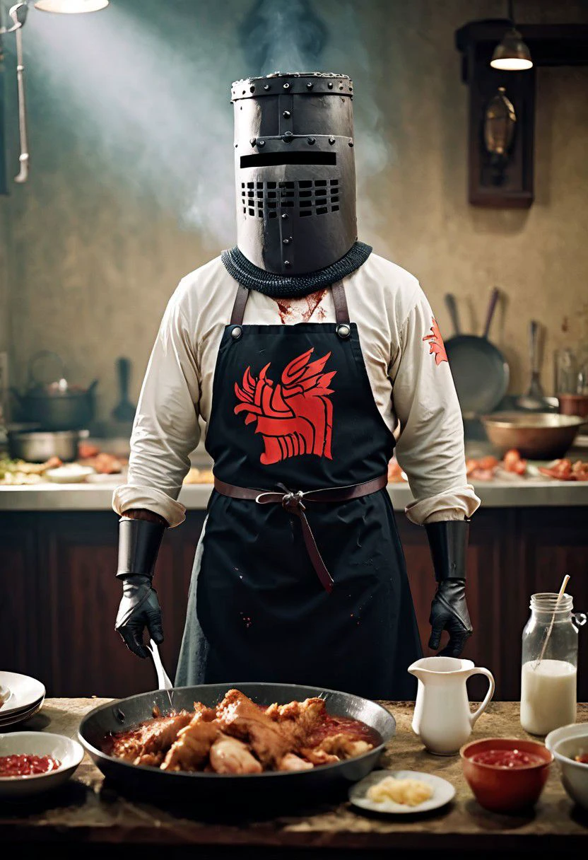 Black Knight with White apron in cooking Show, Chicken with severed head and Blood fountain, very detailed, atmospheric haze, Film grain, cinematic film still, shallow depth of field, highly detailed, high budget, cinemascope, moody, epic, OverallDetail, gorgeous, 2000s vintage RAW photo, photorealistic, candid camera, color graded cinematic, eye catchlights, atmospheric lighting, skin pores, imperfections, natural, shallow dof