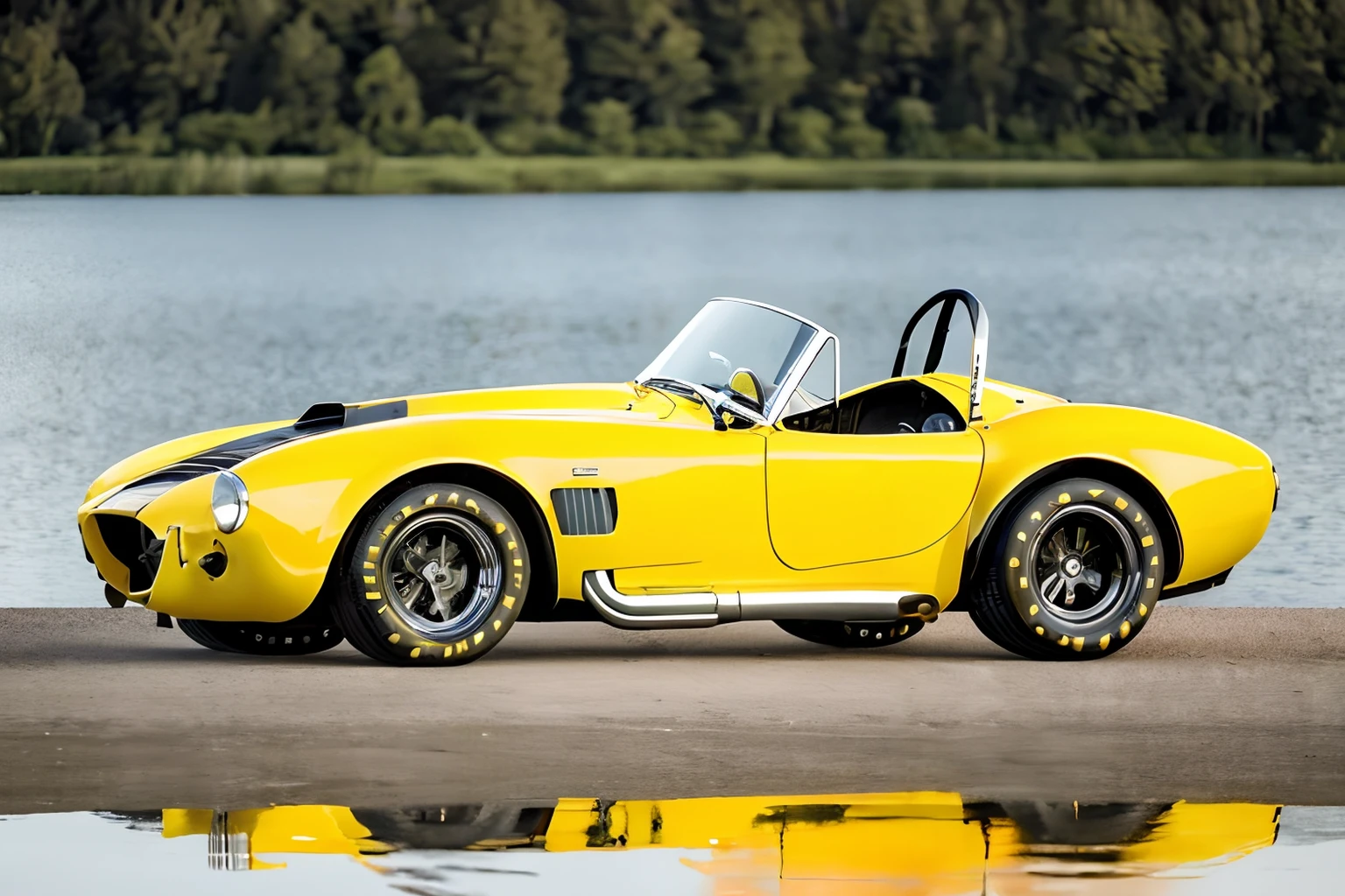 photo of an sc427, yellow with black stripes  ,  parked in front of a tranquil lake at sunset <lora:1965_Shelby_Cobra_427_by_IMAK:.9>