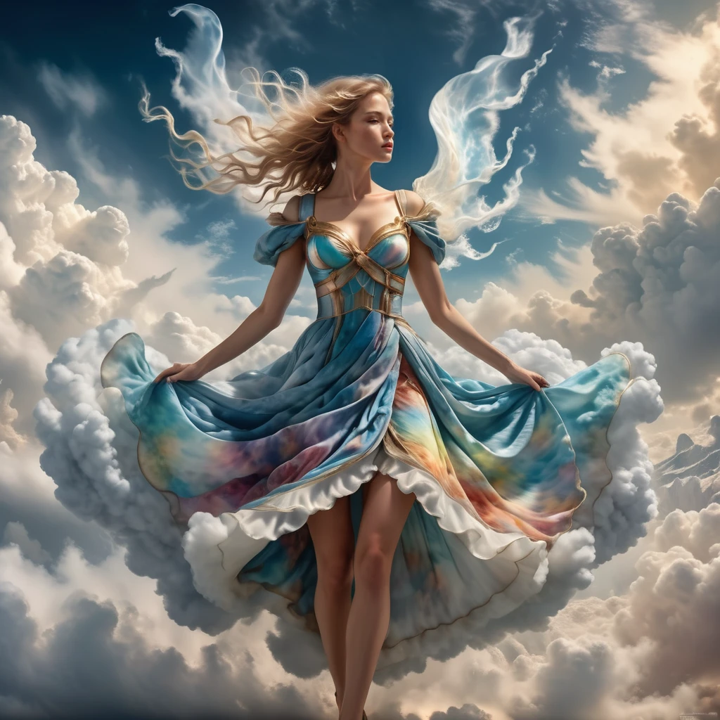 angel wearing a sexy dress made out of  clouds and wind, heavenly scenery, epic, cinematic, brilliant, stunning, intricate meticulously detailed, digital matte painting, fantastical  colors, photorealistic masterwork by head of prompt engineering <lora:hyperkraximalism:0.46> hyperkraximalism