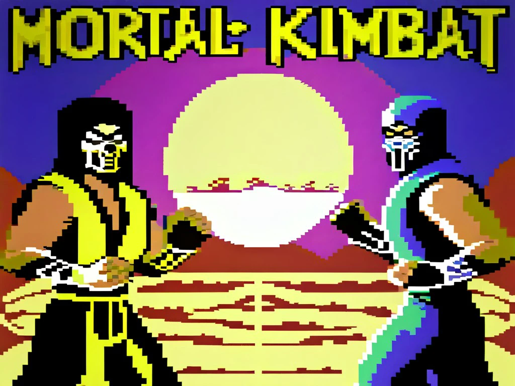 Mortal Kombat loading screen ,64gr4ph1cs style,64t3xt text, pixel art,8-bit <lora:C64XL-000005:1.0>