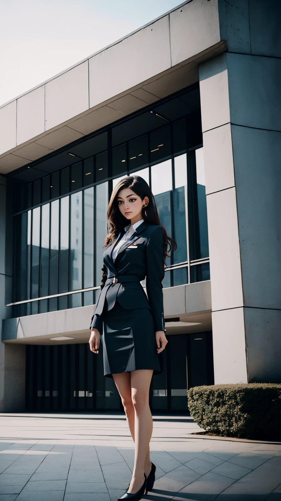 masterpiece, high detailed, high quality, portrait of 1girl in work clothing, in front of empty modern building scene, <lora:ToonModernBuilding:0.8>