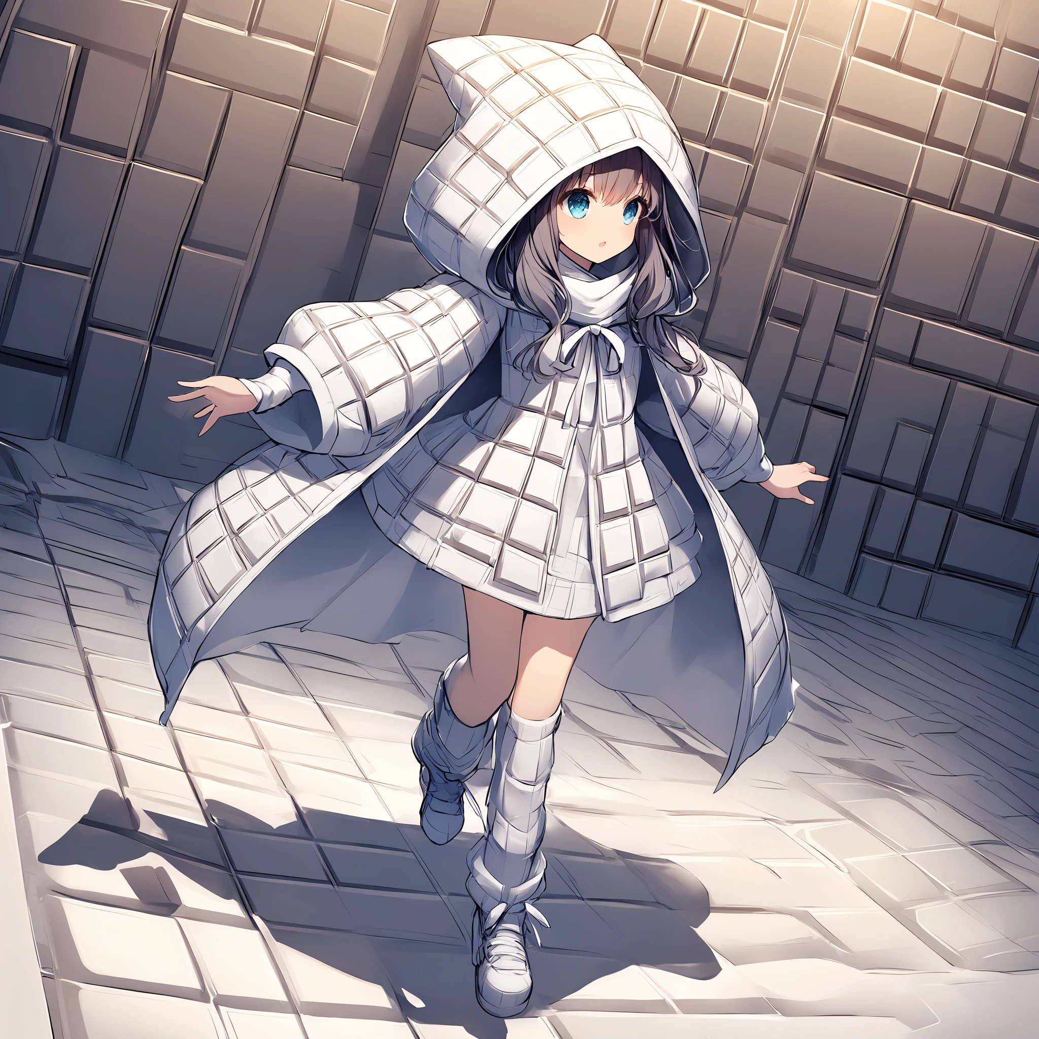 Create a vivid anime image of a vivid young anime girl. Her hair, eyes and skin should be light grey. She is wearing a white thick baggy long armored hooded robe with white ribbon, scarf and long boots.
1girl, solo, (hood up:1.5), <lora:itachokoishou_xl_v1:1>, itachokoishou, (dynamic angle:1.5), (dynamic pose:1.5)