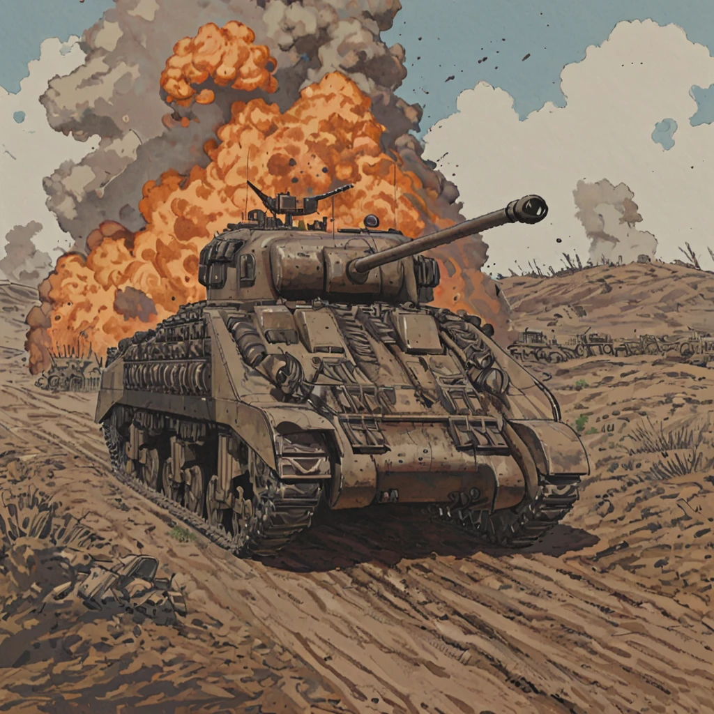 tank driving over a battlefield, crossing trenches and craters, mud, barbed wire, explosions, smoke, fog of war, rubble, frflytnk, vehicle focus ((pulp_comic, heavy_lines, hand_drawn, hand_inked, hand_colored, apxlz))