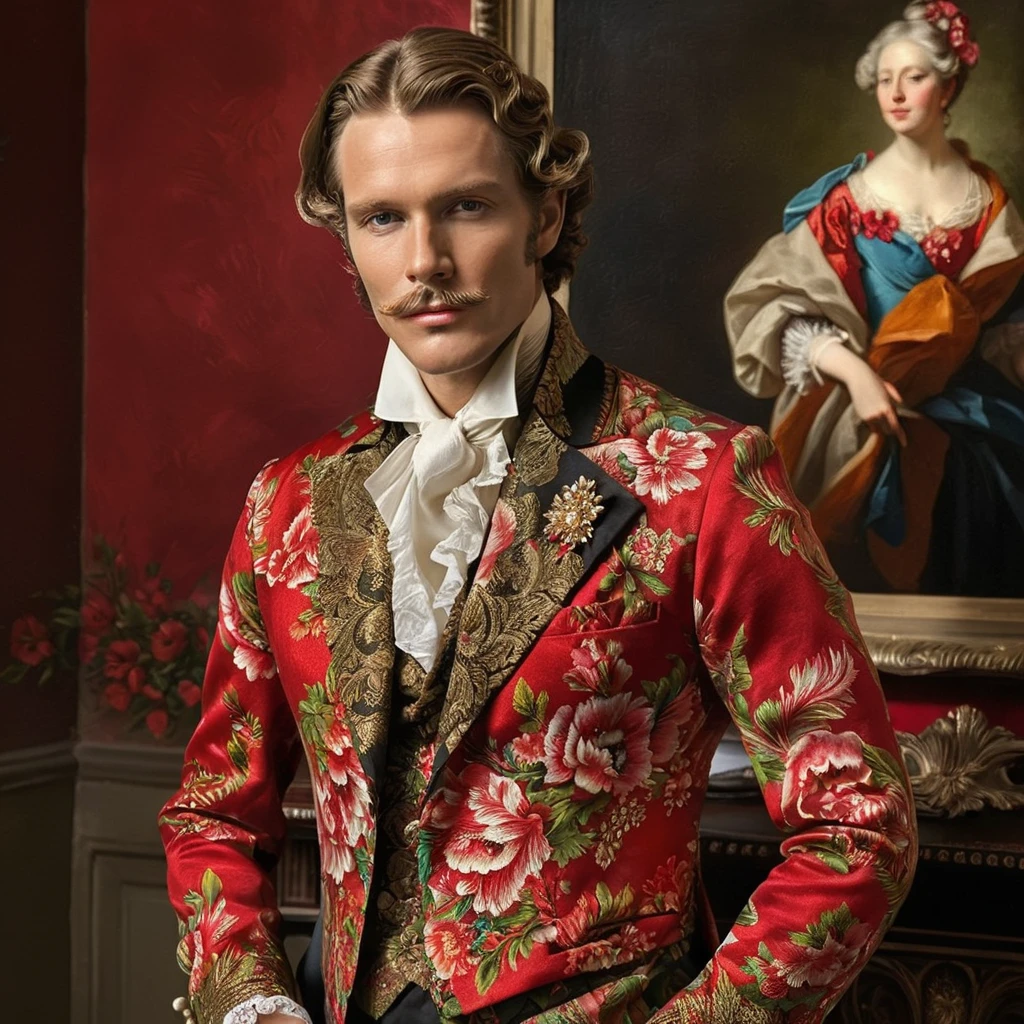Create an oil painting of a European period gentleman adorned in opulent attire featuring red floral patterns. Capture the elegance and detail of his refined dress, emphasizing the rich textures and vibrant colors of his garment. His posture exudes nobility and grace, with a subtle background that complements the era's artistic style, focusing on the intricate designs and luxurious fabric of his outfit, <lora:haka_flower:0.8>