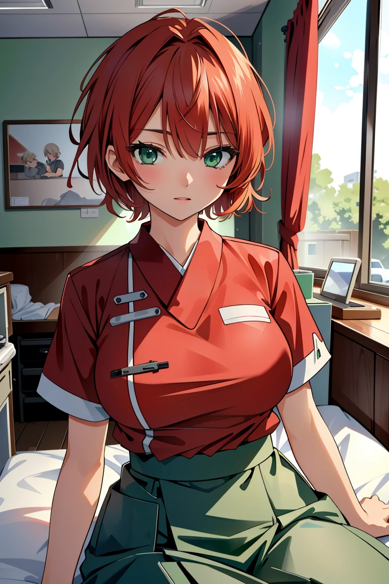 ((masterpiece, best quality,lower_body)), operating table,medical monitors,hospital bed, <lora:Kazumi Takayama:0.7> (kazumi takayama, short hair, green eyes, red hair, large breasts),