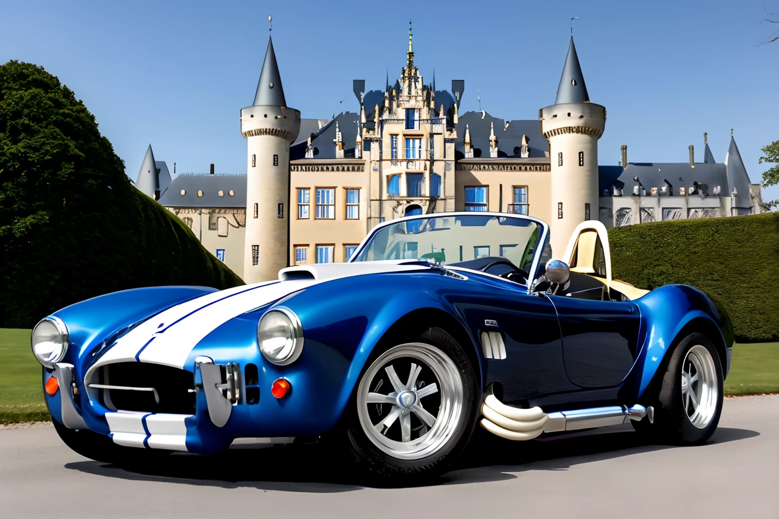 photo of an sc427, blue with white stripes convertible sports car, parked in front of a German Castle , a man sitting in the driver's seat <lora:1965_Shelby_Cobra_427_by_IMAK:.7>