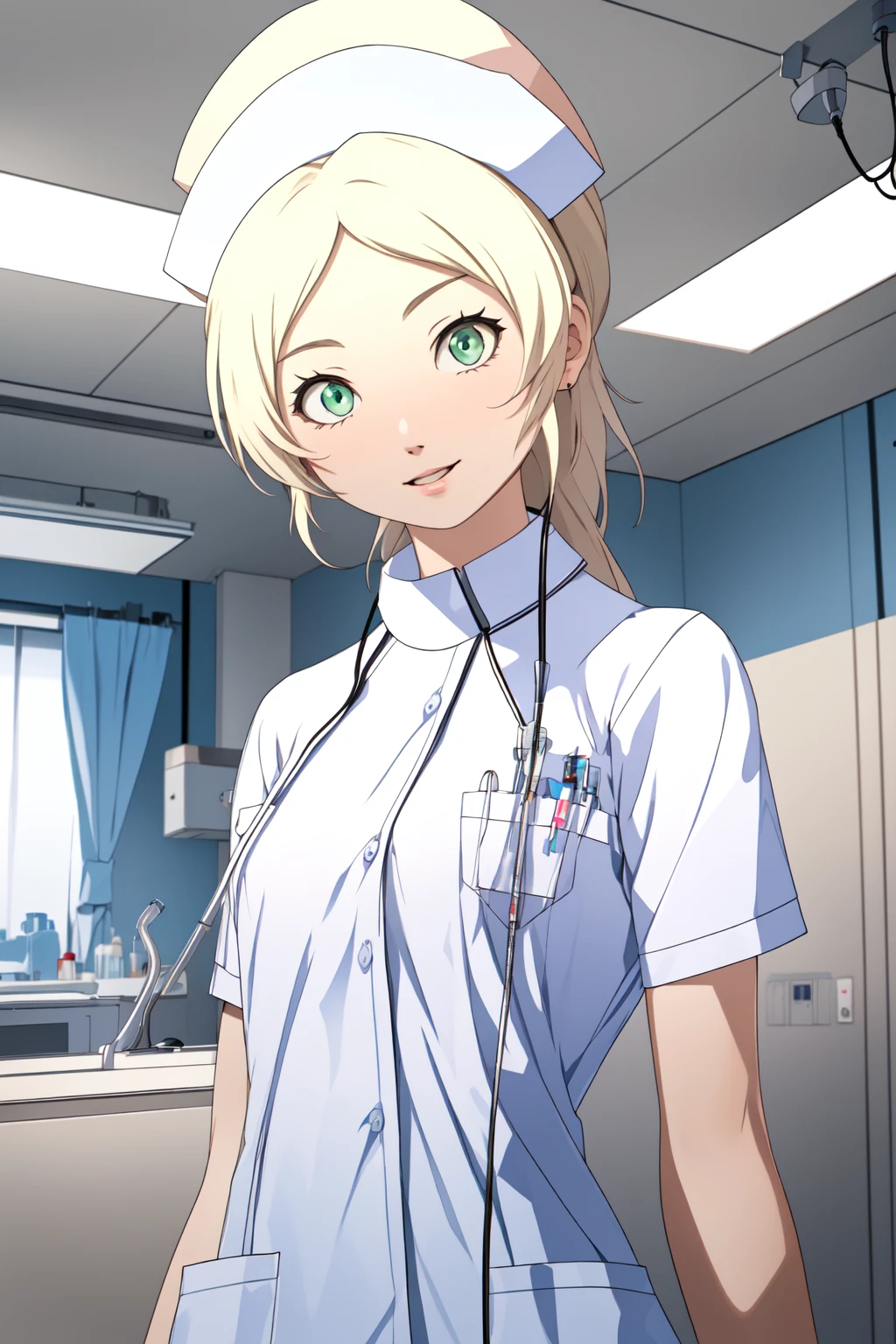 (RAW photo, best quality), wide angle photo, masterpiece, 1girl, natural lighting
hospital, operating room, surgical gloves,
(((White))) nurse uniform smooth, nurse, nurse hat, stethoscope <lora:NurseUniform0_1:0.8>,
<lora:angela_thompson_v1_2-000003:1>, angela_thompson