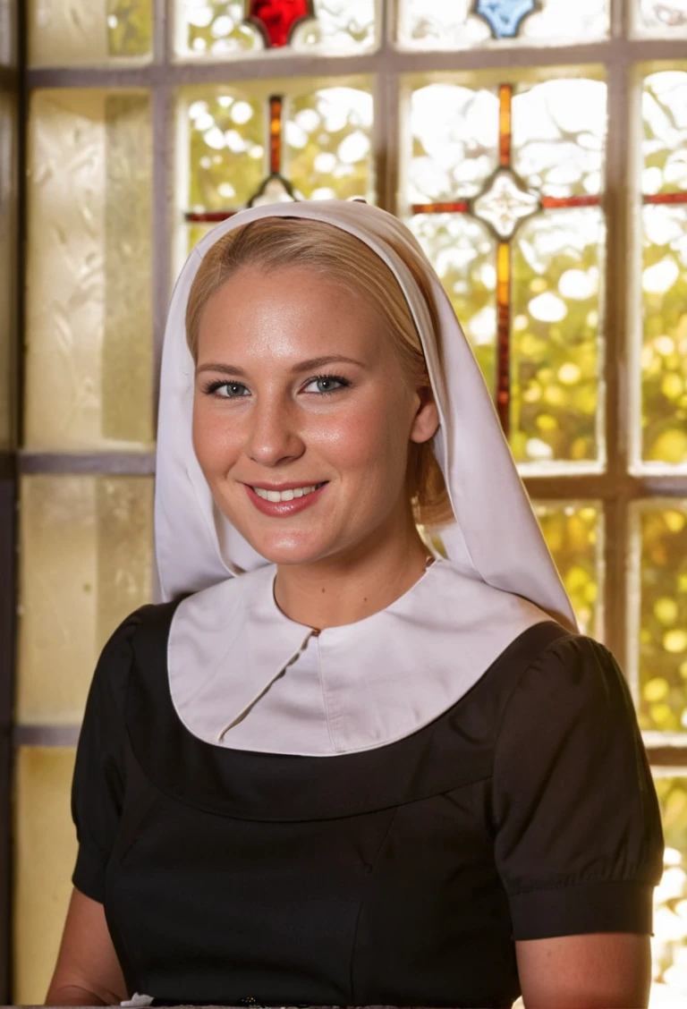 cinematic film still closeup of elizabethdelmar as a nun in church, stained glass window, tight dress <lora:elizabethdelmar:1>, smiling . shallow depth of field, vignette, highly detailed, high budget, bokeh, cinemascope, moody, epic, gorgeous, film grain, grainy