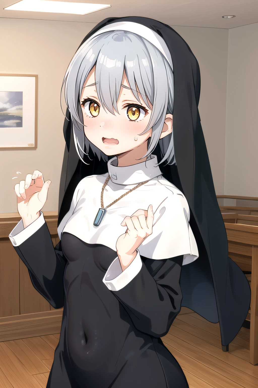 (masterpiece:1.2), best quality, high resolution, unity 8k wallpaper, (illustration), extremely detailed face, perfect lighting, extremely detailed CG, 1girl, solo, <lora:Ghost_SisterV2:0.6>, gsister, nun, habit, necklace, dress, black dress, taut dress, hair between eyes, jewelry, indoor, small breasts, covered navel, long sleeves, yellow eyes, sad expression, silver hair, [five fingers], embarrased, blush, hands up, (looking to the side:1.2, frontal view), wavy mouth, open mouth, sweatdrops, standing, upper body, extended hands