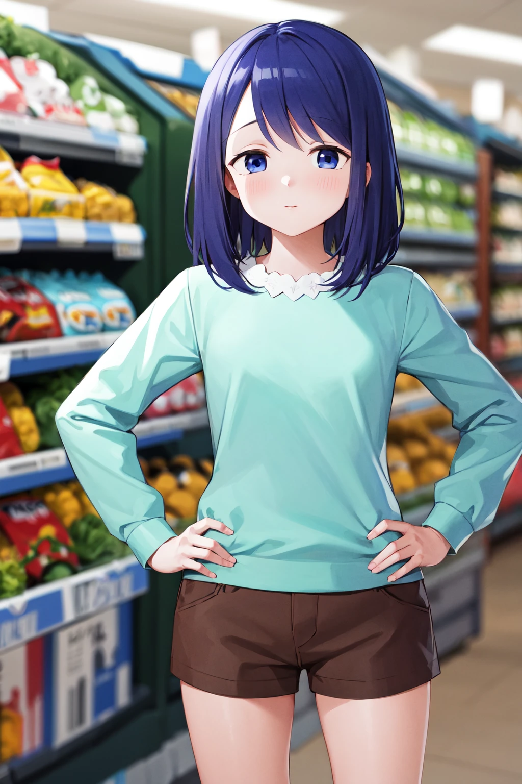 masterpiece, best quality, highres, 1girl, solo, medium hair, blue hair, blue eyes, aqua shirt, long sleeves, brown shorts, <lora:kubo_saki_v1:0.7>, supermarket, hands on hips, standing, cowboy shot,