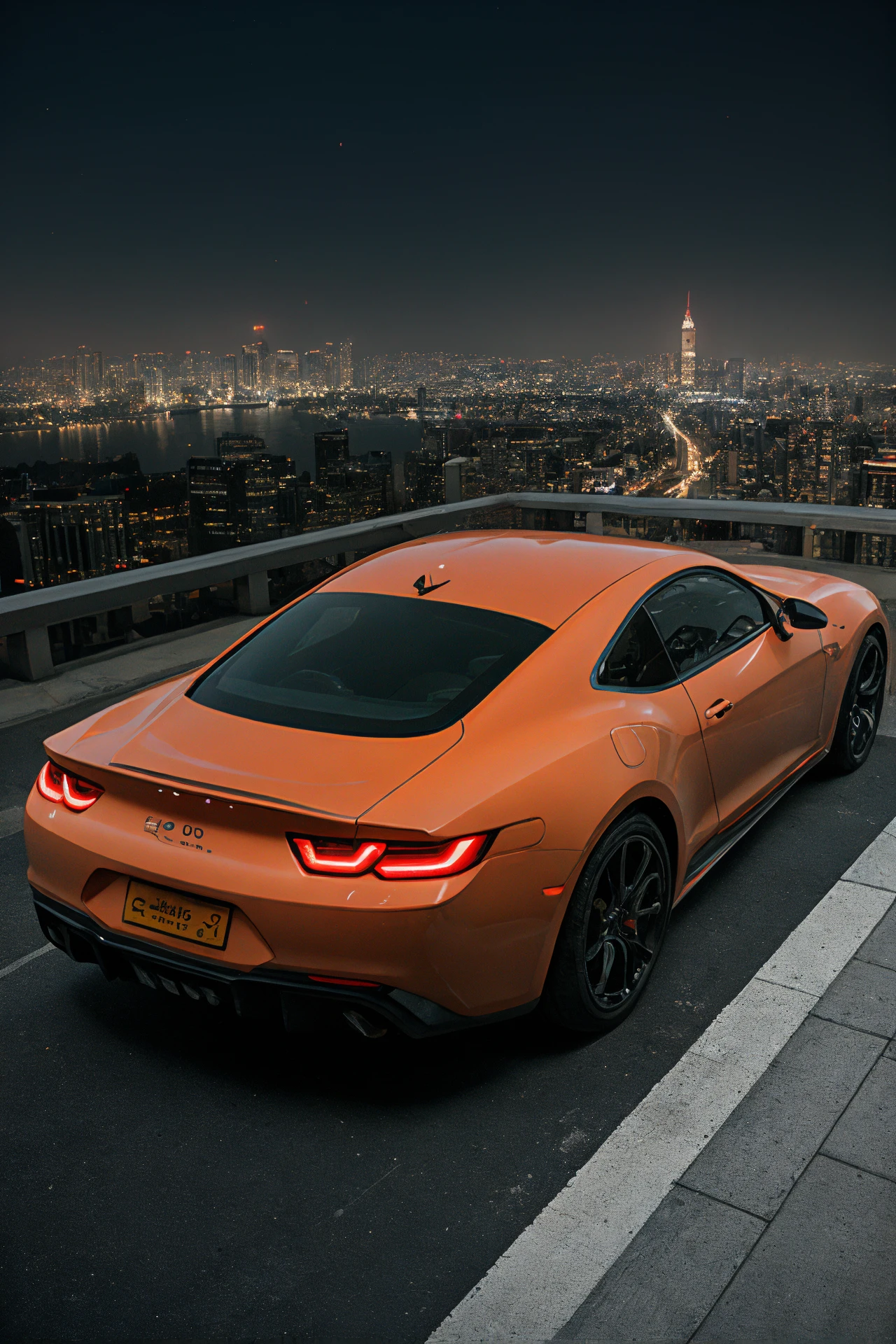 luxury exotic orange sports car with flames,night photography on roof of sky scraper in futuristic metropolis,200mm zoom lens f/1.4 (masterpiece:1.2),(photorealistic:1.2),(bokeh),(best quality),(detailed skin:1.3) (intricate details),(8k),(HDR),(analog film),(canon d5),(cinematic lighting),(sharp focus),ray tracing,