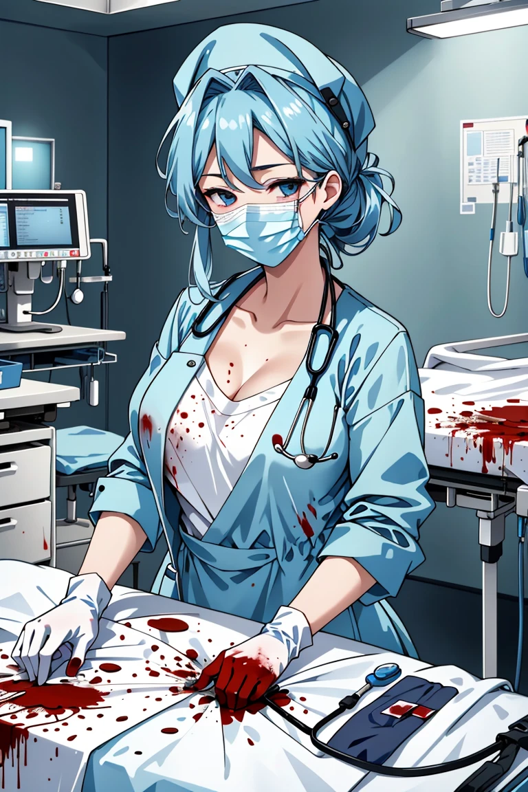 ((masterpiece, best quality,lower_body)), operating table,medical monitors,hospital bed,  <lora:Ryouko Makimura:0.7> (ryouko makimura, 1girl, solo, blue hair, blue eyes, long hair, collarbone, cleavage,mature_female), <lora:bloody_surgeon_v1:0.8>  (bloody_surgeon_v1.0, gloves, mask, surgical mask,surgical cap, stethoscope,latex,long sleeves), blood on face,blood, blood on clothes,