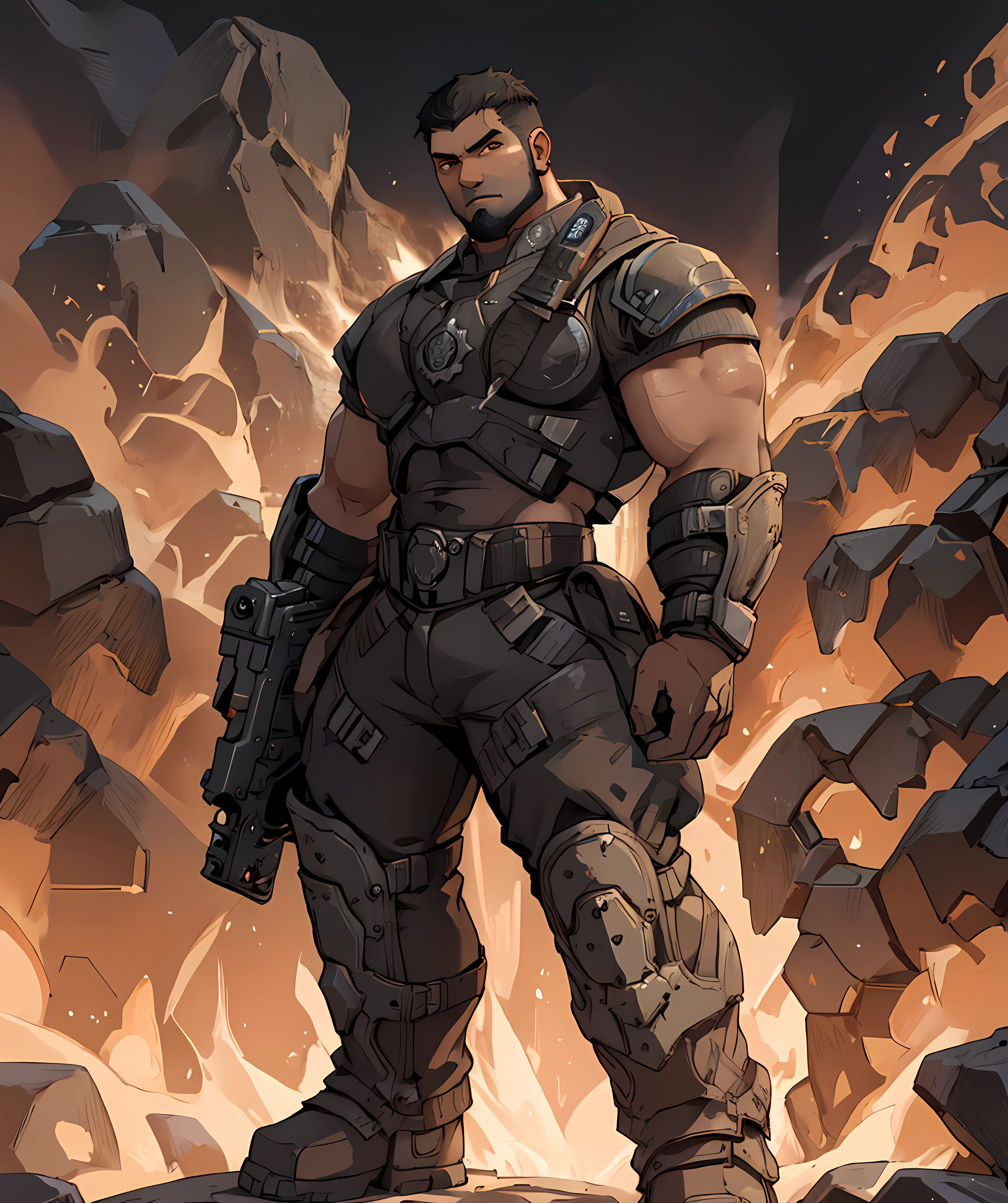 dominic_santiago, looking at viewer, muscular, short hair, dark skin, (beard:1.1), chubby, standing, mountain, fire, lava, dramatic, daytime, armor, long pants, holding gun <lora:Dom_Santiago:0.8>