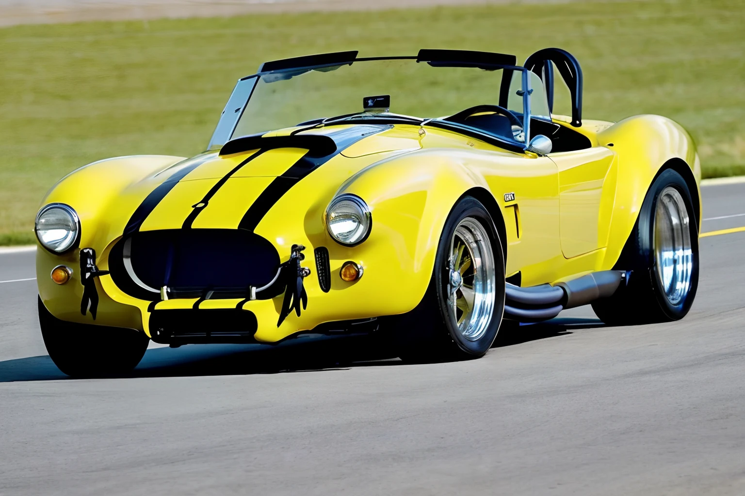 photo of an sc427, yellow with black stripes  ,  driving on a highway <lora:1965_Shelby_Cobra_427_by_IMAK:.9>