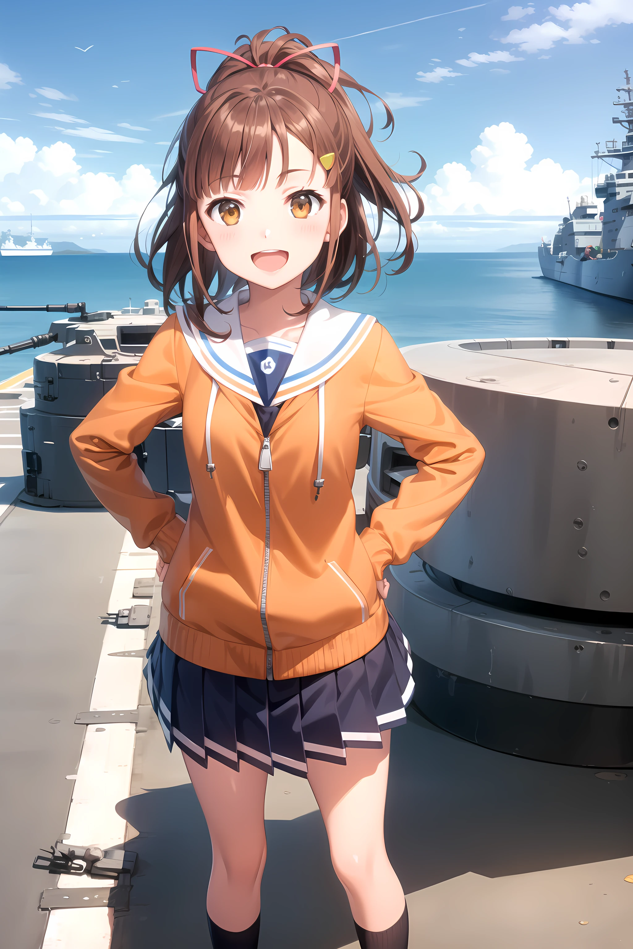best quality, masterpiece, detailed,
<lora:HighSchoolFleet_IrizakiMei_1:0.8>, IrizakiMei,
1girl, open mouth, smile,
brown hair, brown eyes, ponytail, hairclip, hair ribbon,
school uniform, orange hoodie, blue skirt, sailor collar, zipper,
standing, looking at viewer, (facing viewer:1.2), hands on own hips,
ocean, (ship, military vehicle:1.2)
