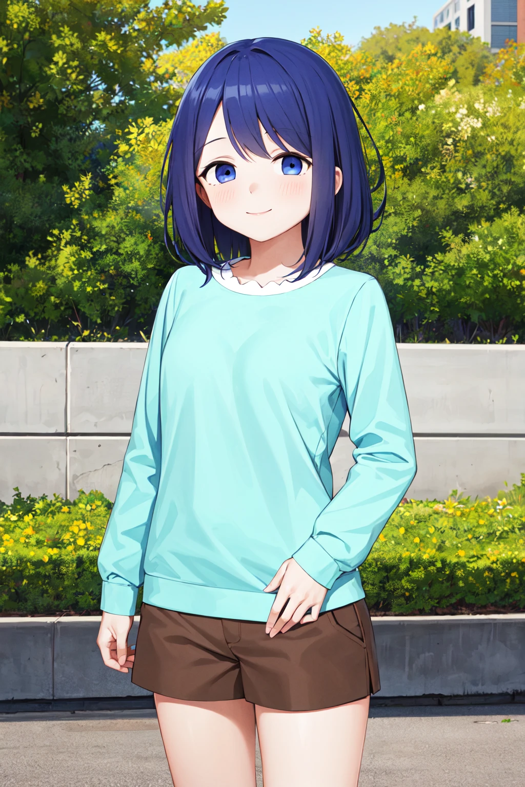 masterpiece, best quality, highres, 1girl, solo, medium hair, blue hair, blue eyes, aqua shirt, long sleeves, brown shorts, <lora:kubo_saki_v1:0.7>, standing, cowboy shot, smile, outdoors,