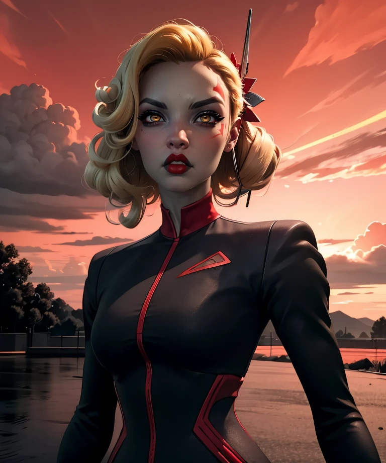 deande,white eyes,blonde hair,hair ornament,facial mark,serious,
black dress,long sleeves,
standing,
red sky,military base,science fiction,
(insanely detailed,  masterpiece, best quality) cinematic lighting,<lora:deande:0.8>,