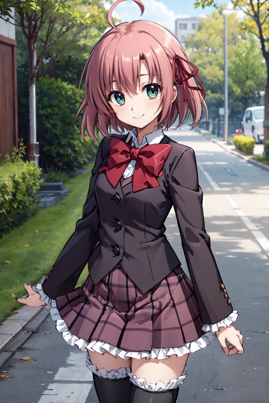 masterpiece,best quality,highres,ultra-detailed,aakurimu,short hair,ahoge,bangs,hair ribbon,school uniform,jacket,buttons,long sleeves,red bowtie,shirt,collared shirt,plaid skirt,frills,thighhighs,frilled thighhighs,(black thighhighs:1.2),shoes,white footwear,<lora:sakurano_kurimu:0.7>,outdoors,standing,cowboy shot,smile,